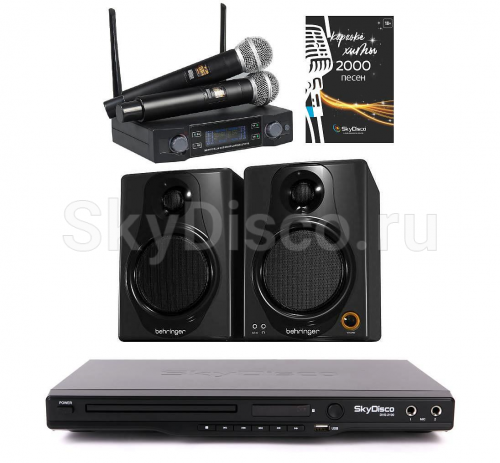 Караоке с акустикой и микрофонами SkyDisco Karaoke Home Set Music Pro: приставка с баллами, микрофоны, колонки 2.0, диск 2000 песен